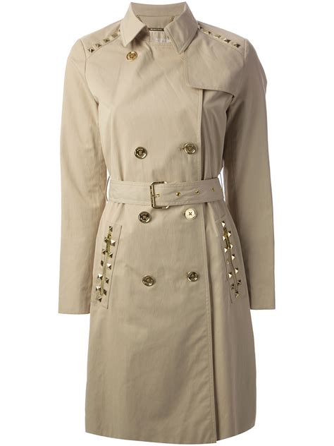 michael kors tan gold studded long raincoat|Michael Kors raincoat zipper.